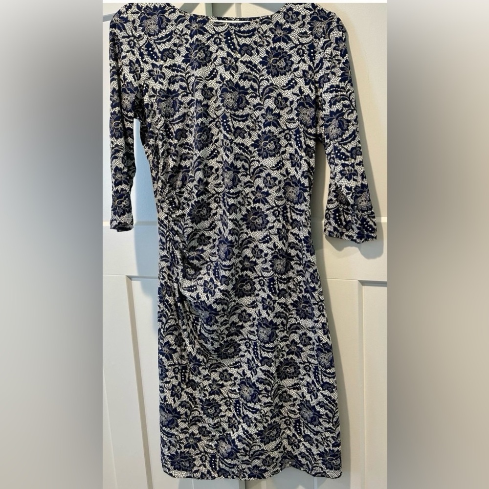 J. McLaughlin Sage Ruched Dress Blue Floral Lace Catalina Sheath Romantic, Sz M